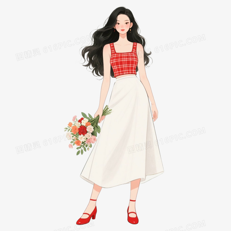 卡通手绘女孩与花免抠元素