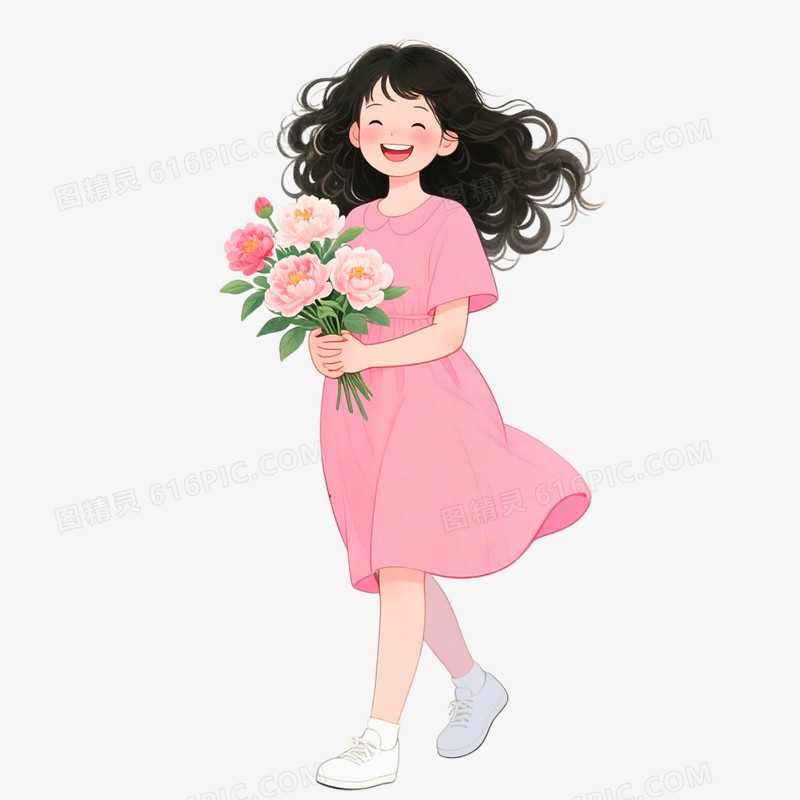 卡通手绘女孩与花免抠元素