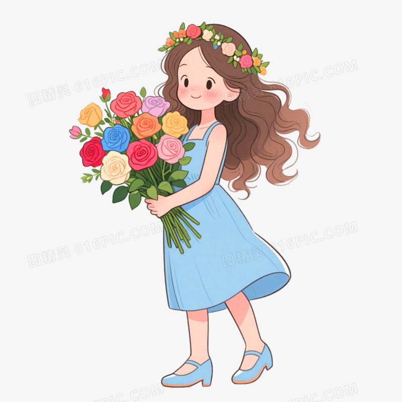 卡通手绘女孩与花免抠元素