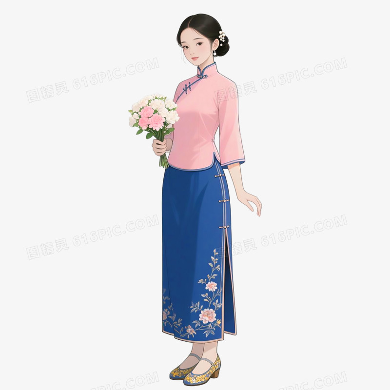 卡通手绘女孩与花免抠元素