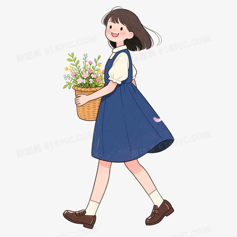 卡通手绘女孩与花免抠元素