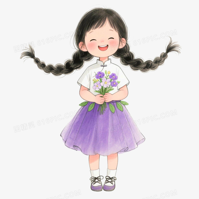卡通手绘女孩与花免抠元素