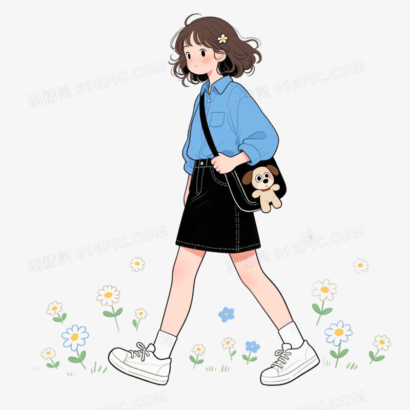卡通手绘女孩与花免抠元素