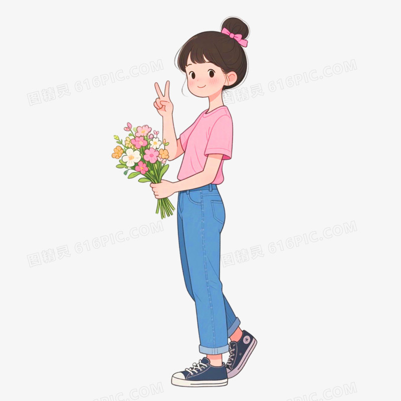 卡通手绘女孩与花免抠元素