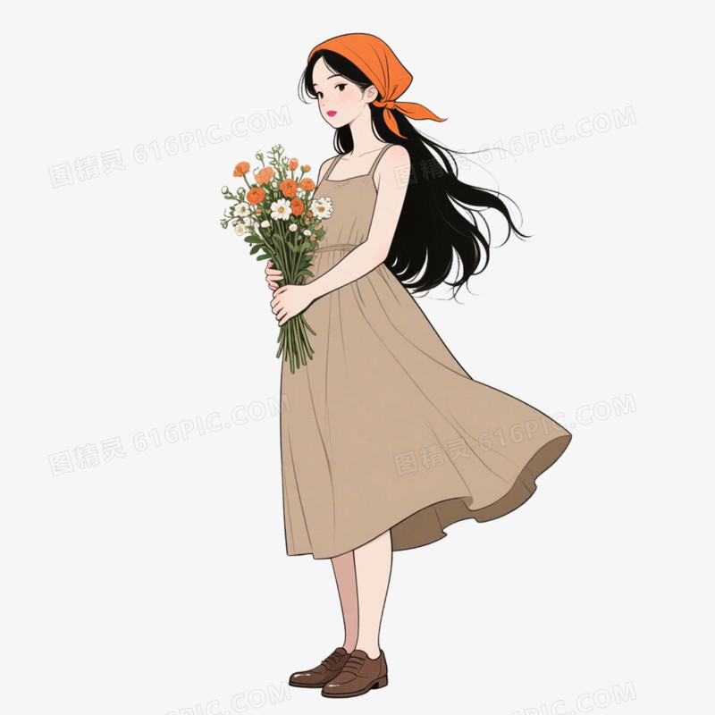 卡通手绘女孩与花免抠元素