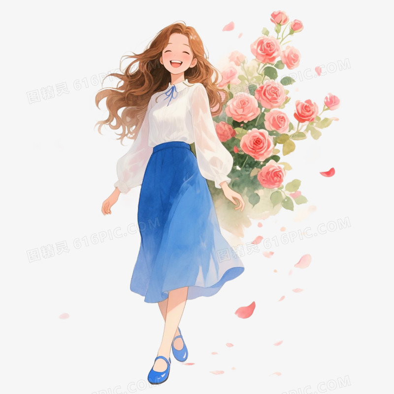 卡通手绘女孩与花免抠元素