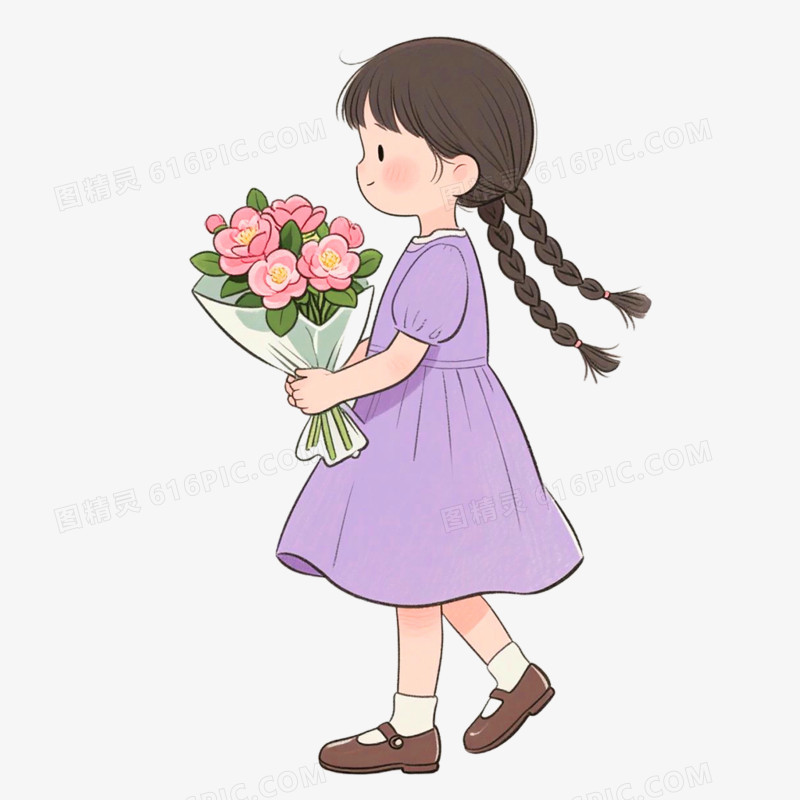 卡通手绘女孩与花免抠元素