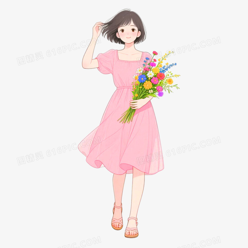 卡通手绘女孩与花免抠元素