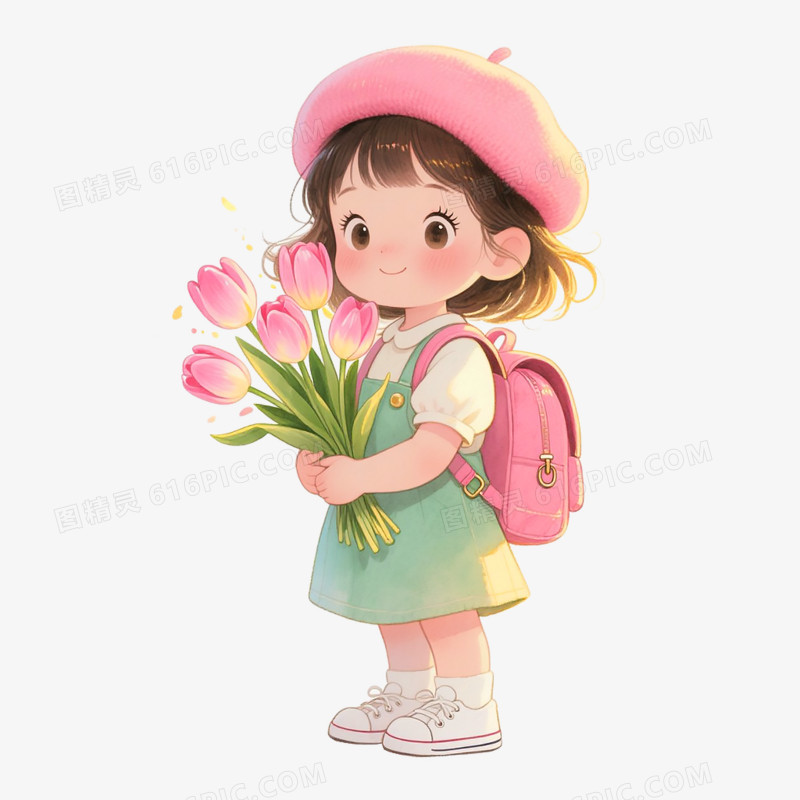 卡通手绘女孩与花免抠元素