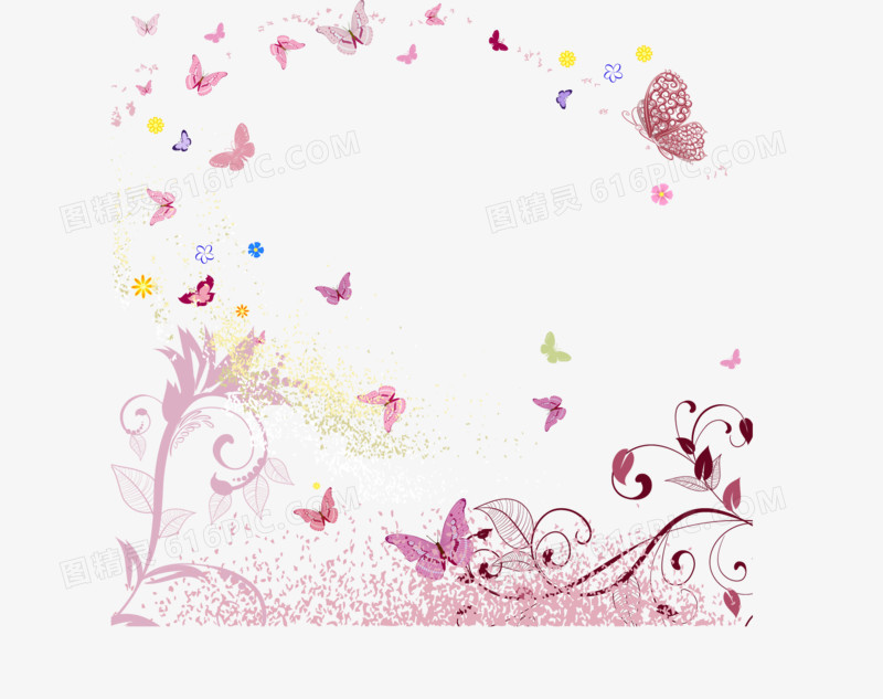蝴蝶植物粉色边框矢量图