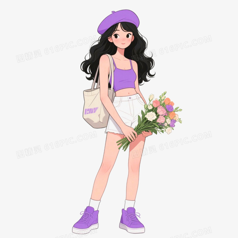 卡通手绘女孩与花免抠元素