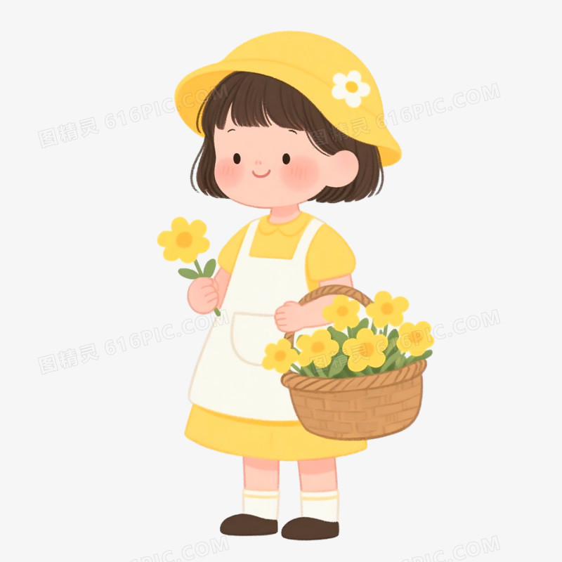 卡通手绘女孩与花免抠元素