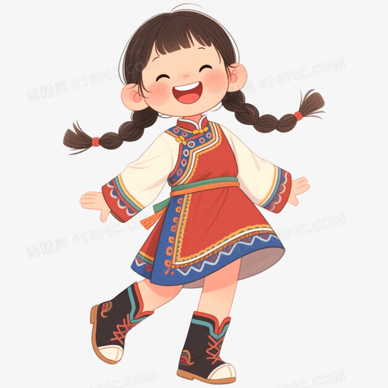 手绘插画穿蒙古服饰蒙古小孩免抠元素