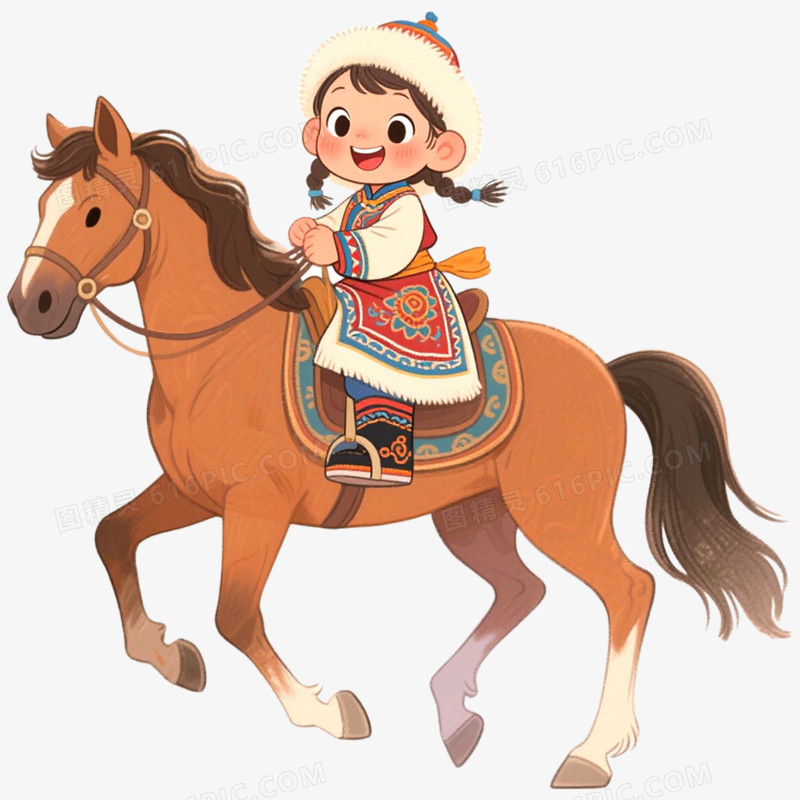 手绘插画穿蒙古服饰蒙古小孩免抠元素