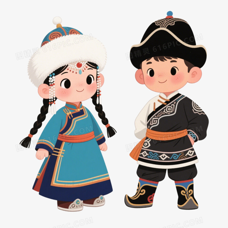 卡通一对穿着内蒙古服饰的小男孩小女孩免抠元素