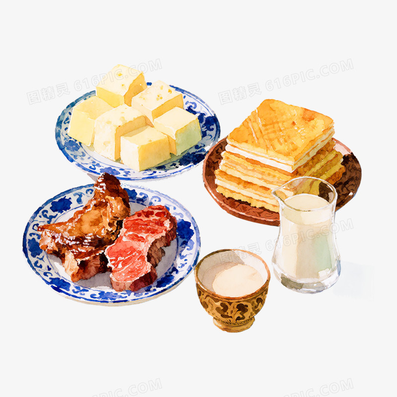卡通手绘一组蒙古特色美食免抠元素