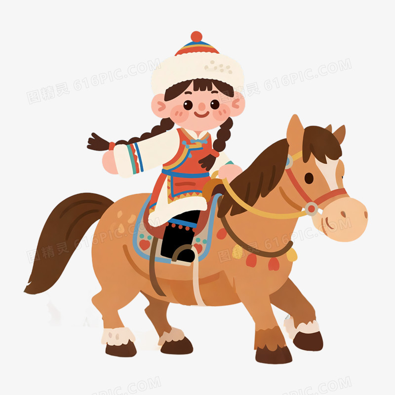 卡通手绘内蒙古小男孩小女孩骑马牵马免抠元素