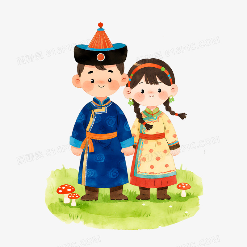 卡通手绘内蒙古小男孩小情侣装免抠元素