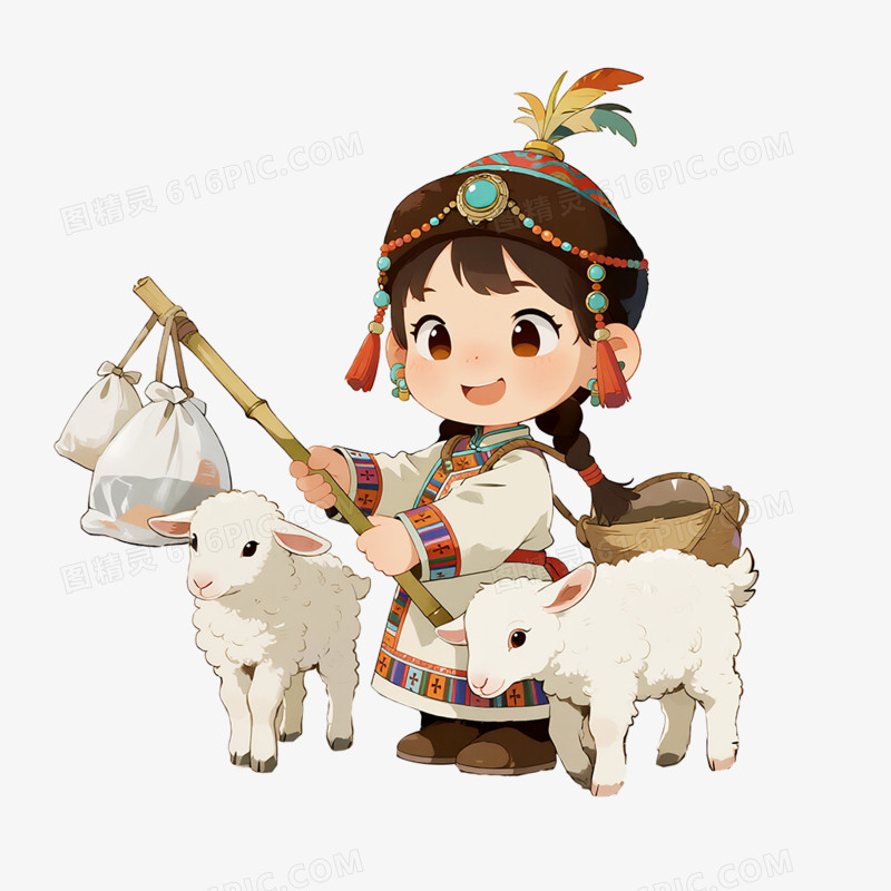 卡通手绘内蒙古小男孩小女孩放羊免抠元素