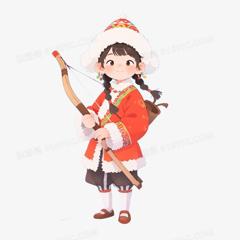 卡通手绘内蒙古小男孩女孩射箭免抠元素