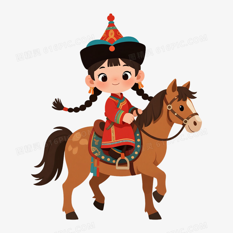 卡通手绘骑马的蒙古族男孩女孩免抠元素