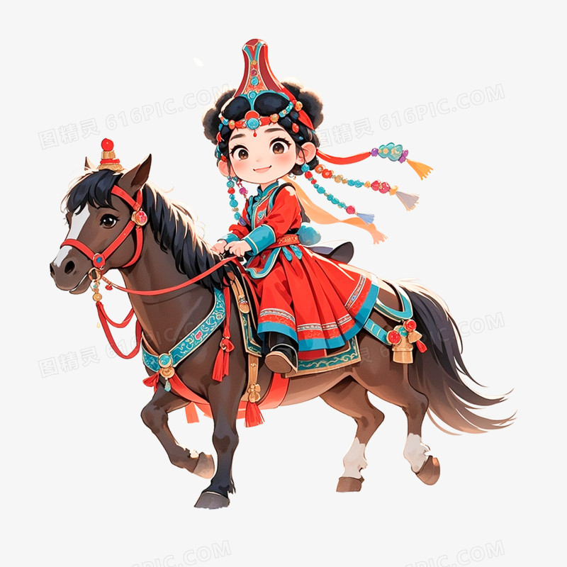 卡通手绘内蒙古小男孩小女孩骑马牵马免抠元素
