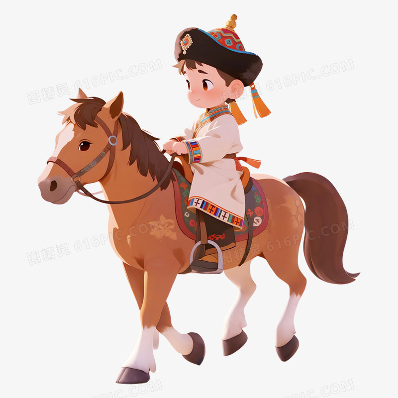 卡通手绘内蒙古小男孩小女孩骑马牵马免抠元素