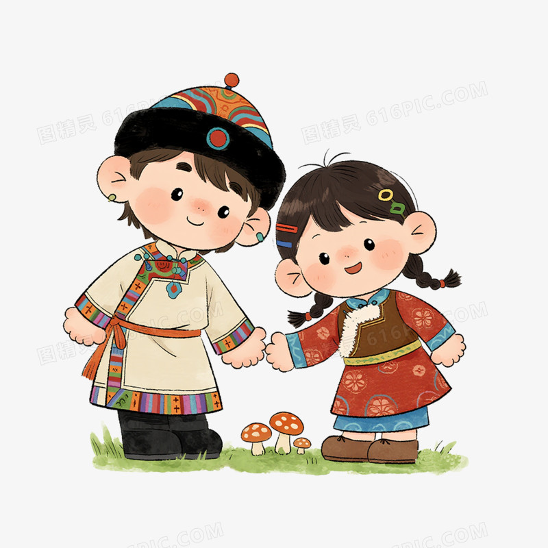 卡通手绘穿着蒙古服饰的小朋友免抠元素