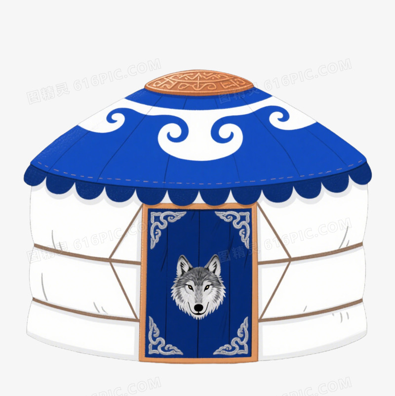 卡通狼图腾蓝白色蒙古包免抠元素
