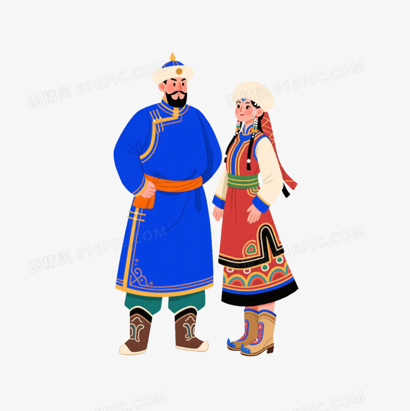 卡通一对穿内蒙古特色衣服的男女免抠元素