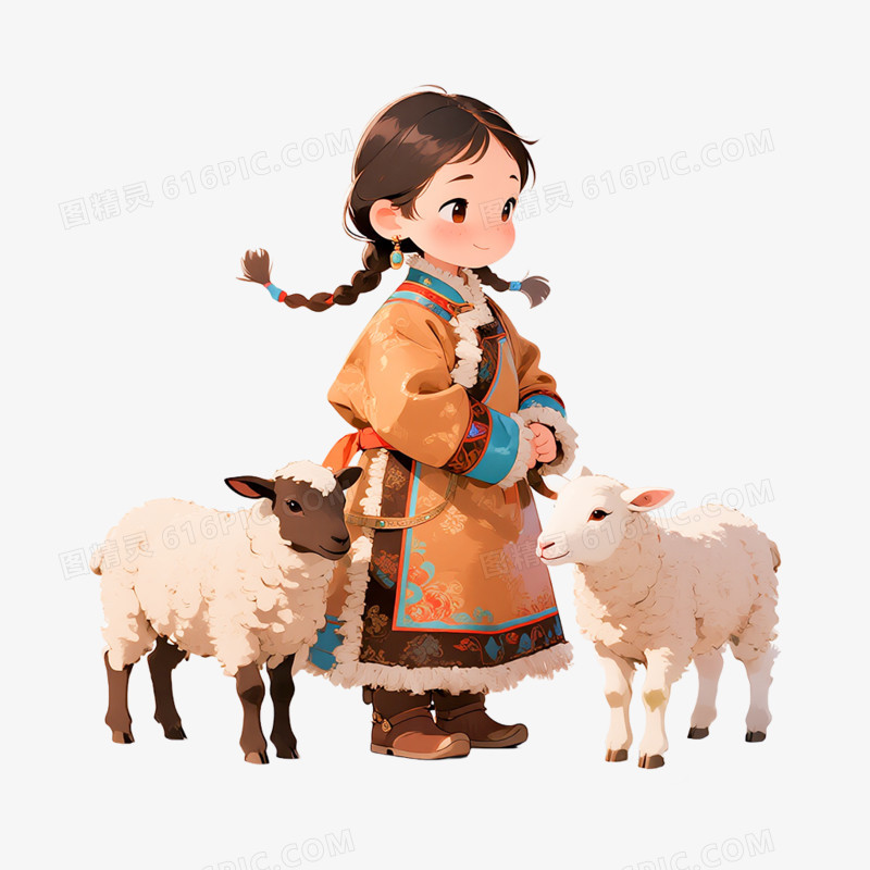 卡通手绘蒙古族放牧的小男孩小女孩免抠元素