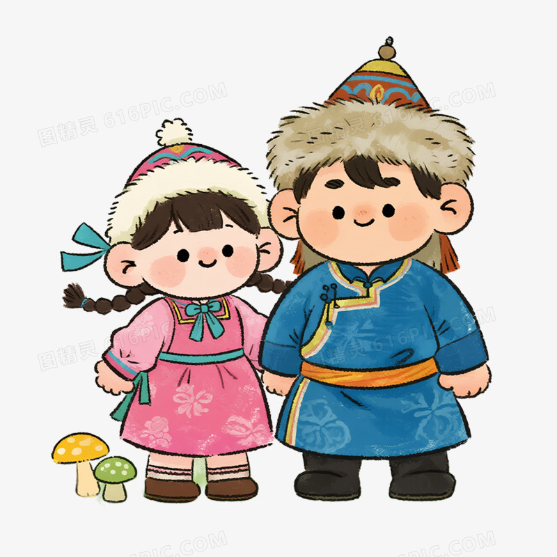 卡通手绘内蒙古小男孩小情侣装免抠元素