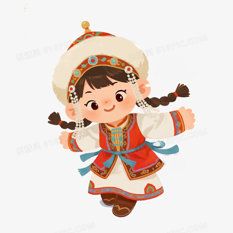 卡通手绘穿着蒙古服饰的小朋友免抠元素