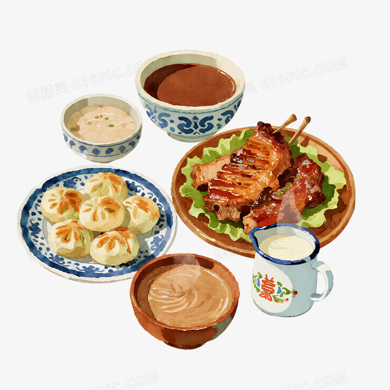 卡通手绘一组蒙古特色美食免抠元素