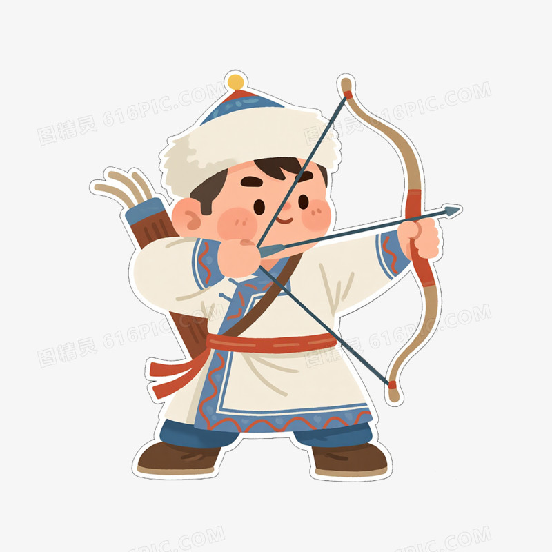 卡通手绘内蒙古小男孩女孩射箭免抠元素