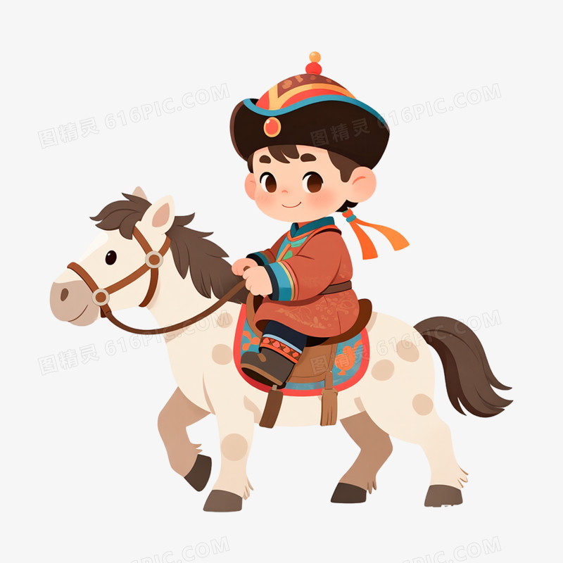 卡通手绘骑马的蒙古族男孩女孩免抠元素