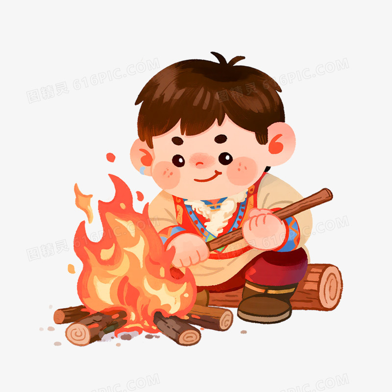 卡通手绘 内蒙古小男孩取暖烤火免抠元素