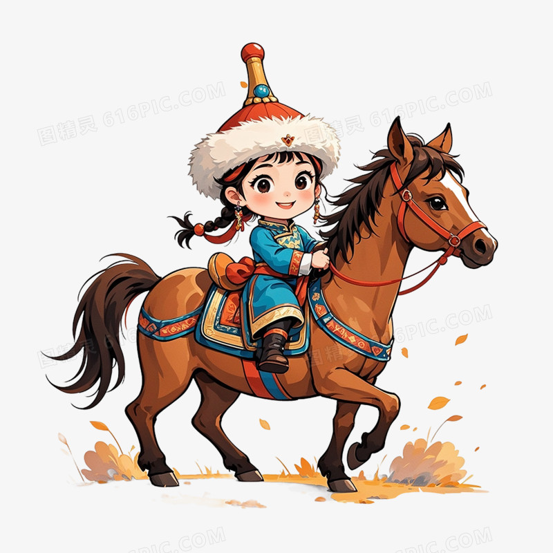 卡通手绘蒙古族放牧的小男孩小女孩免抠元素