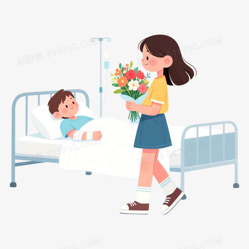 手绘插画探望病人场景免抠元素