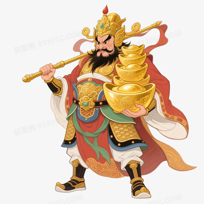 插画风拿着元宝的赵公明形象免抠元素