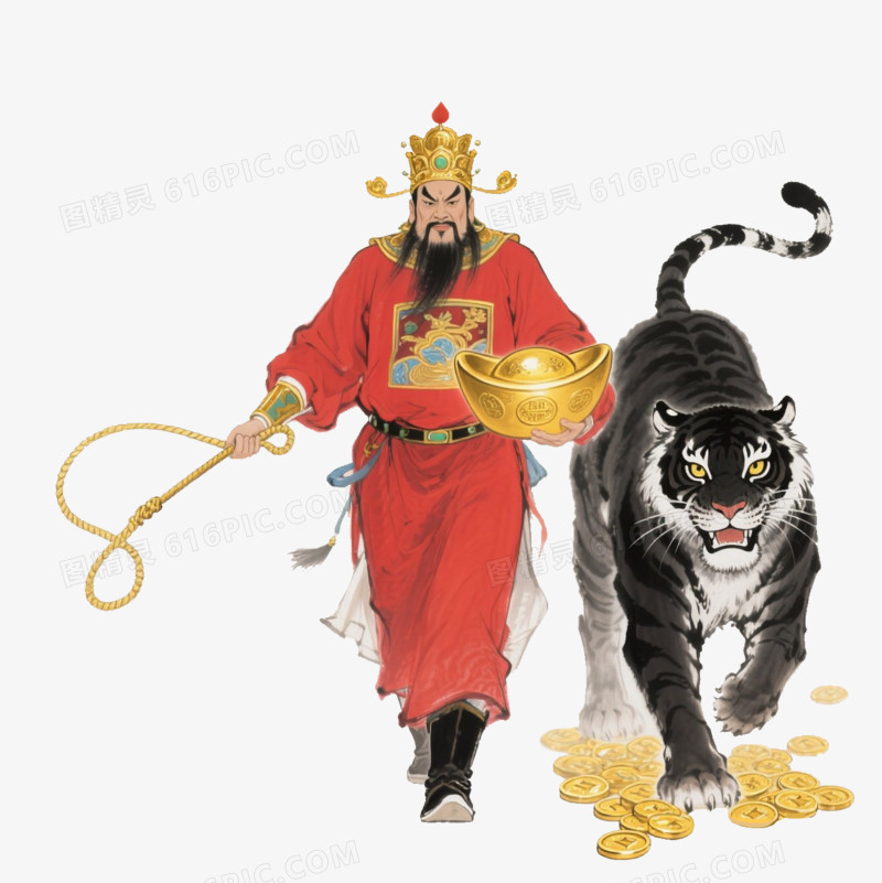 插画风手持元宝赵公明和黑虎形象免抠元素