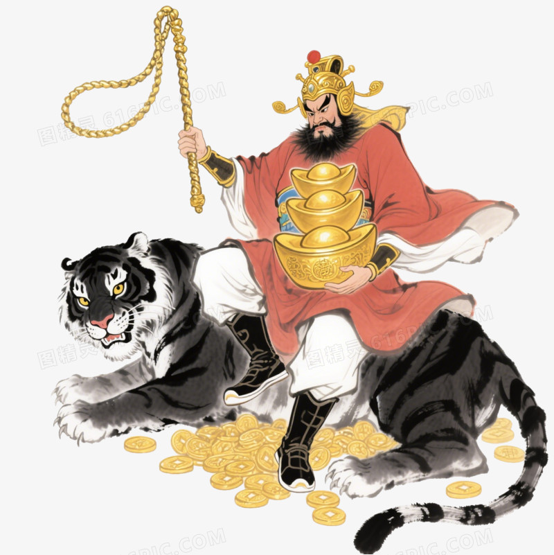 水墨风坐在黑虎身上的赵公明形象免抠元素