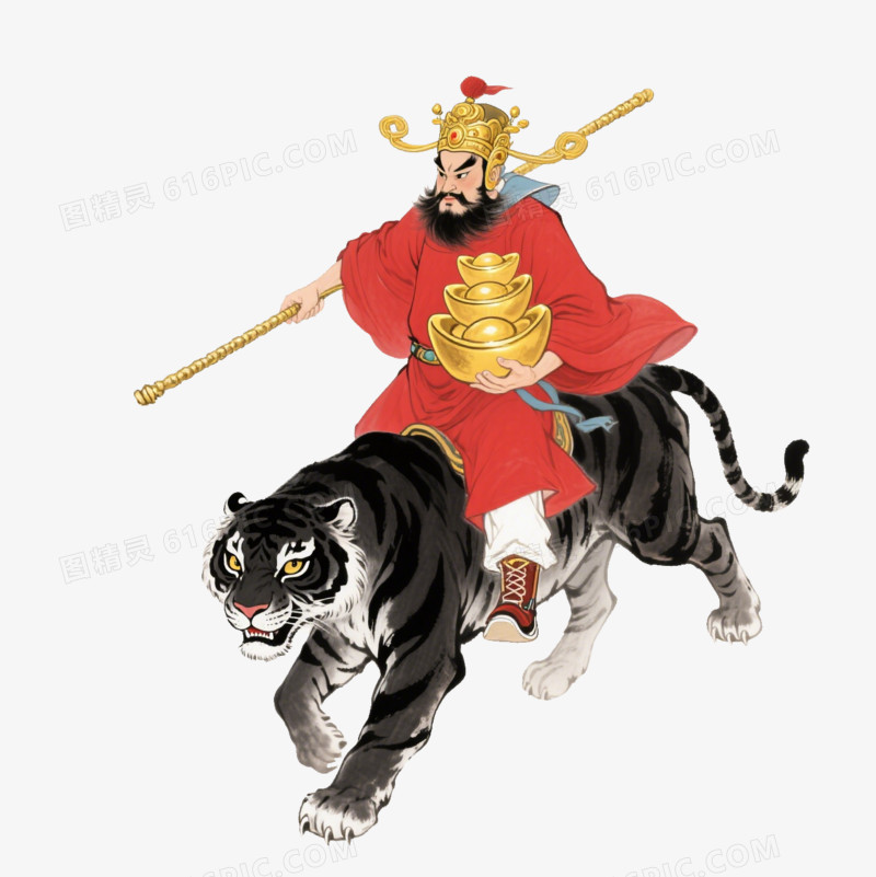 水墨风骑黑虎赵公明形象免抠元素