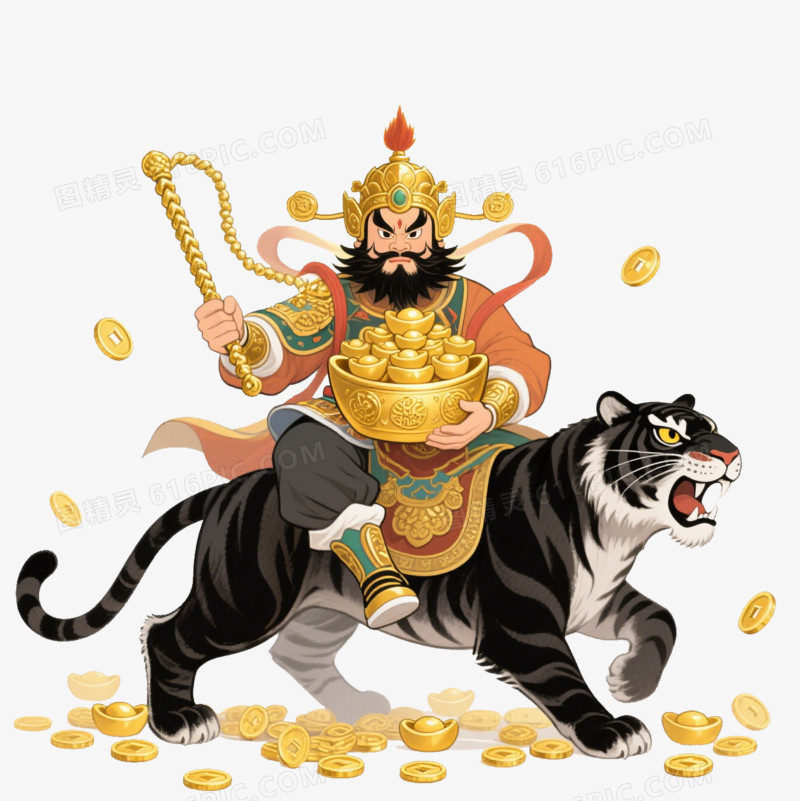 插画风骑着黑虎的赵公明形象免抠元素