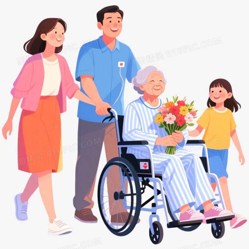手绘插画探望病人场景免抠元素