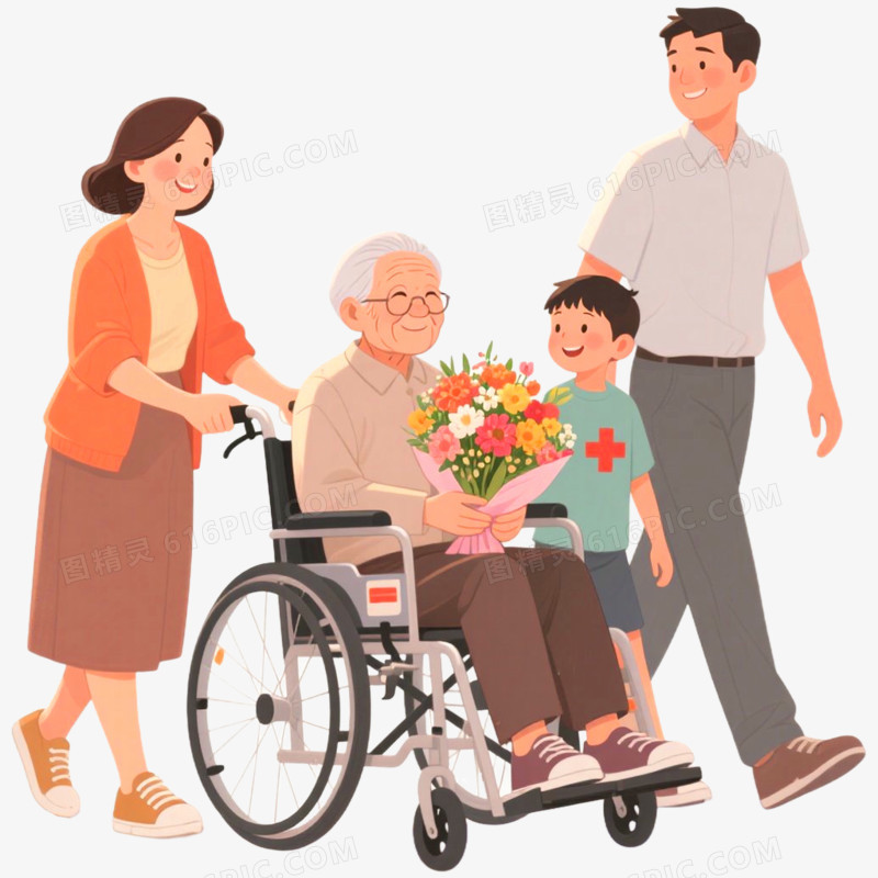 手绘插画探望病人场景免抠元素