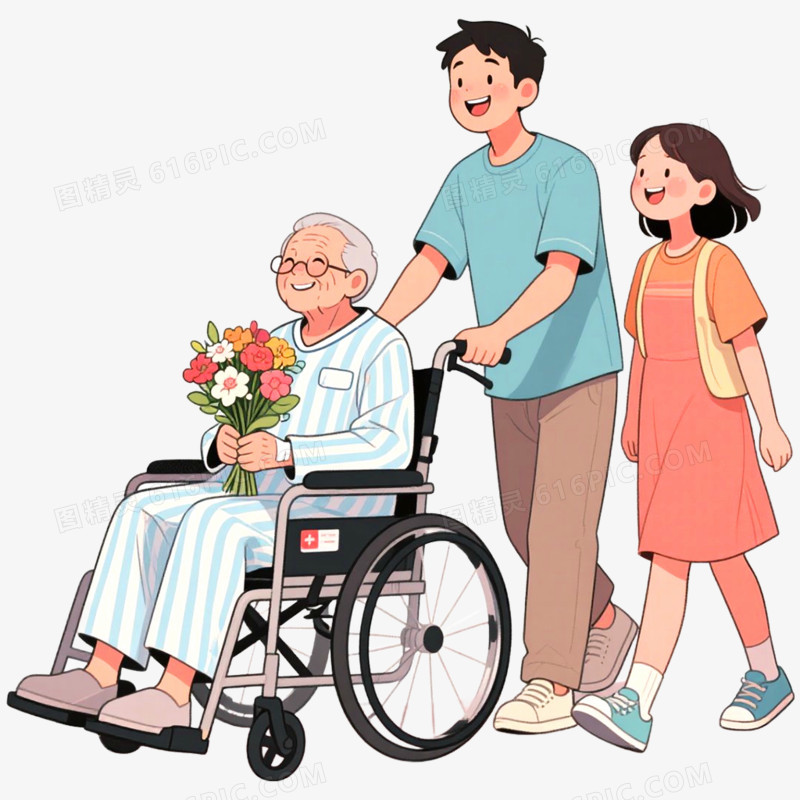 手绘插画探望病人场景免抠元素