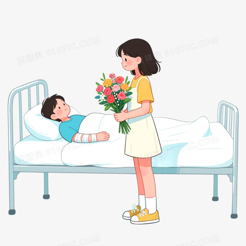 手绘插画探望病人场景免抠元素