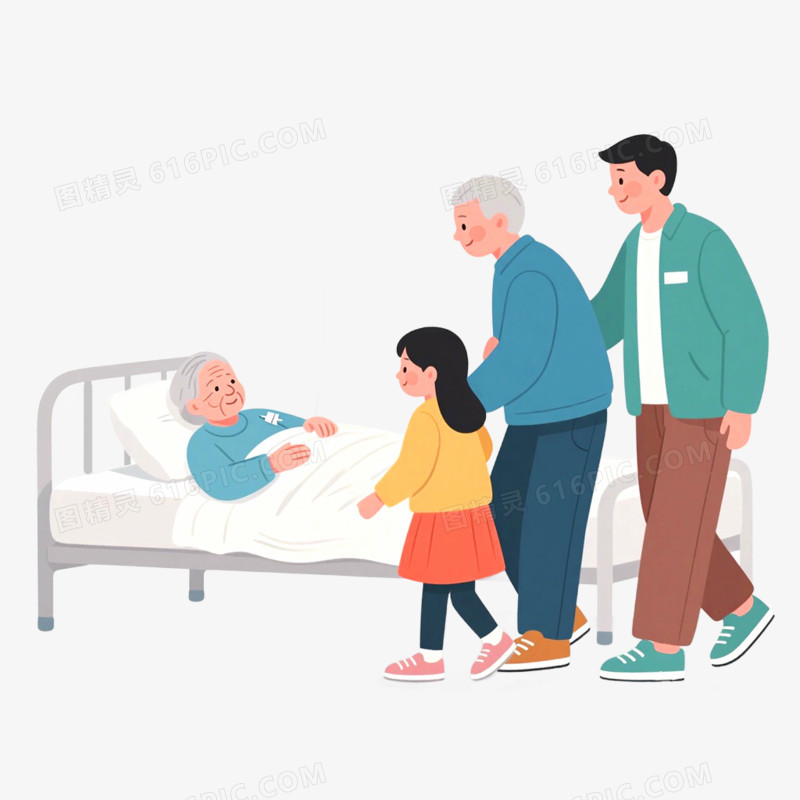 手绘插画探望病人场景免抠元素
