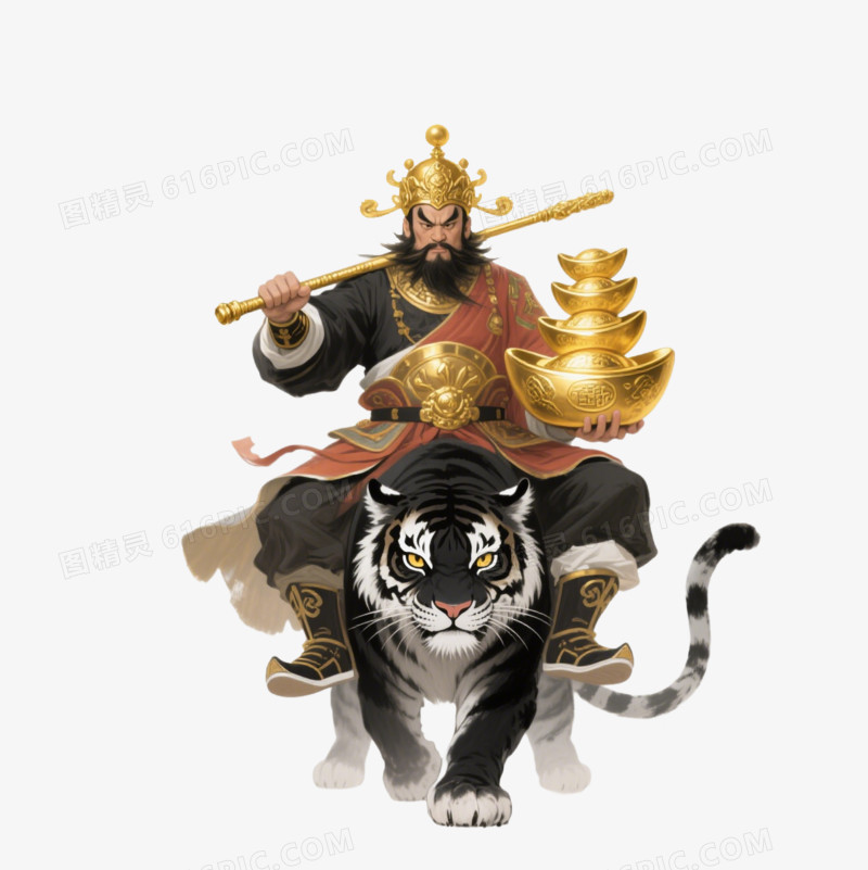 水墨风骑黑虎赵公明形象免抠元素